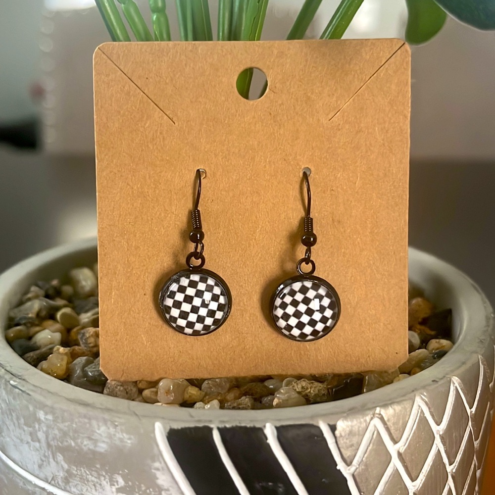 Hand Crafted Black & White Checkered Drop Earrings